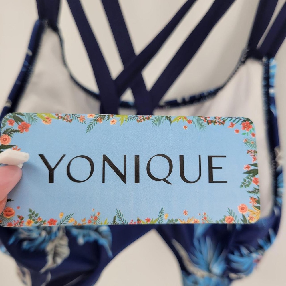 Yonique Womens Tropical Floral Crisscross Back Bikini Swim Top Navy Blue Size M - Picture 7 of 7